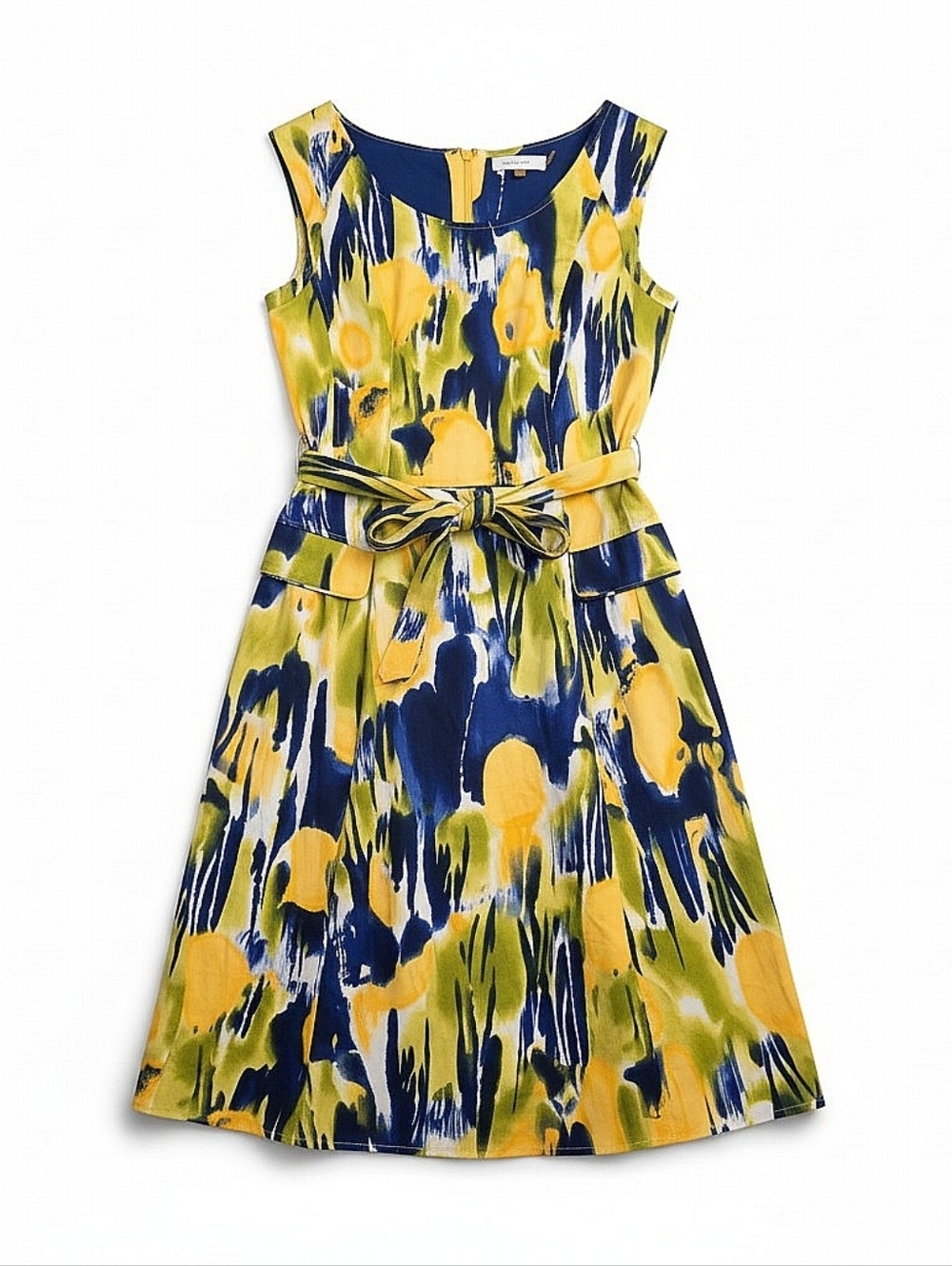 NEW! Calvin Klein Yellow and Navy Abstract Print A Line Dress